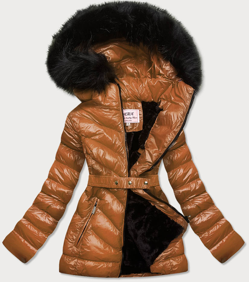 Lesklá zimní bunda v karamelové barvě s mechovitou kožešinou (W673) odcienie brązu XL (42)