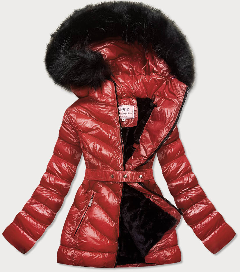 Lesklá zimní bunda ve vínové bordó barvě s mechovitou kožešinou (W673) odcienie czerwieni XL (42)
