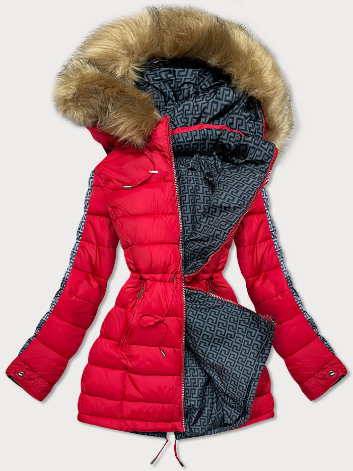 Červeno-šedá oboustranná dámská zimní bunda (MHM-W556) odcienie czerwieni XL (42)