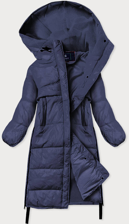 Tmavě modrá dlouhá zimní bunda z různých spojených materiálů (JIN-210) odcienie niebieskiego S (36)