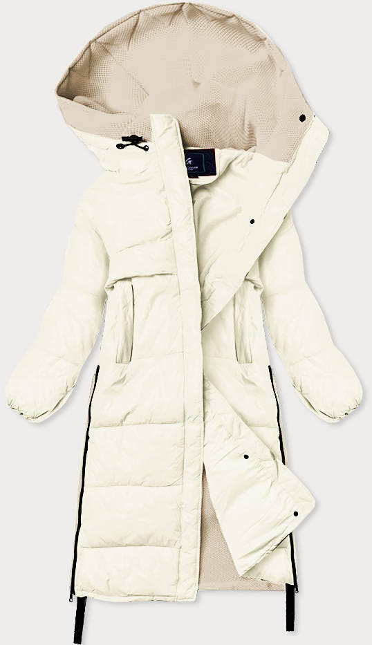 Dlouhá zimní bunda v ecru barvě z různých spojených materiálů (JIN-210) odcienie bieli S (36)