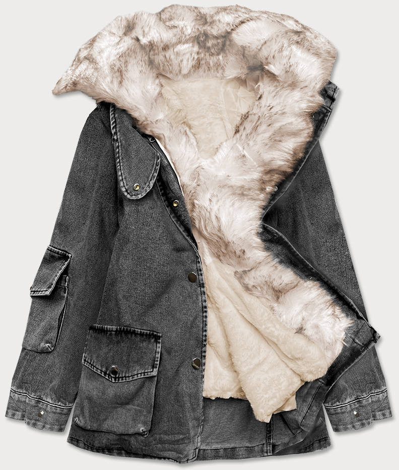 Černo/béžová dámská džínová bunda s kožešinovým límcem (BR9585-1046) odcienie czerni L (40)