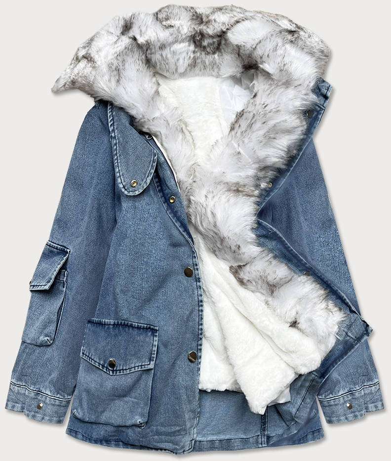 Světle modro/bílá dámská džínová bunda s kožešinovým límcem (BR9585-50026) odcienie niebieskiego XS (34)