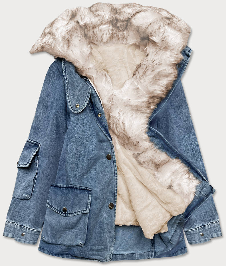 Světle modro/béžová dámská džínová bunda s kožešinovým límcem (BR9585-50046) odcienie niebieskiego XS (34)