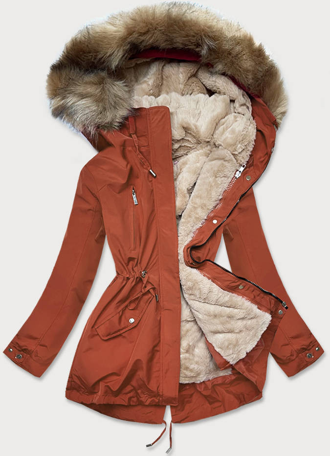 Rudo-světle béžová dámská zimní bunda s mechovitým kožíškem (W553) odcienie beżu XL (42)