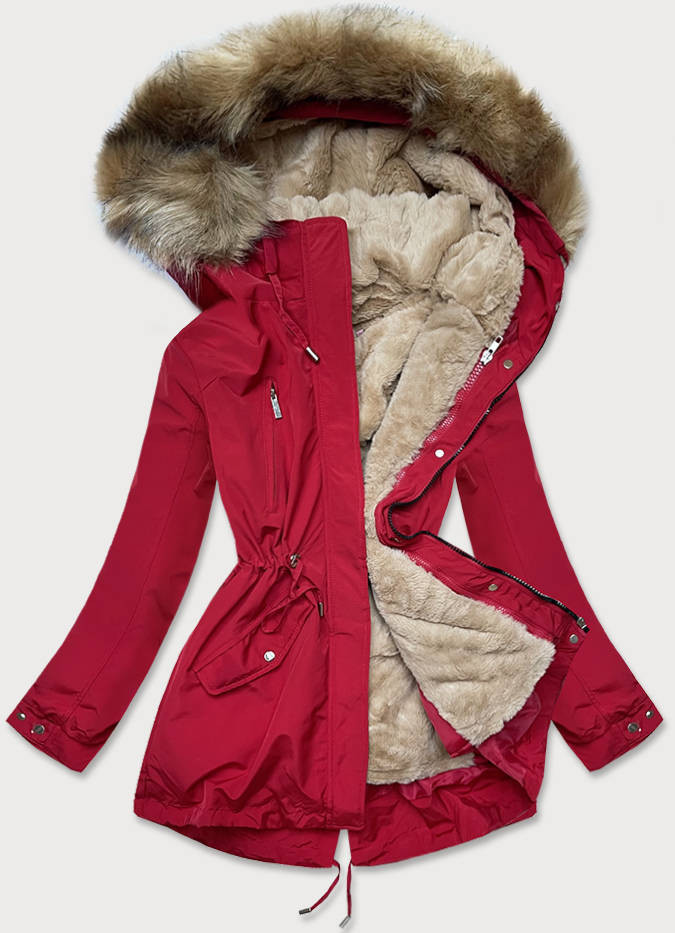 Červeno-tmavě béžová dámská zimní bunda s mechovitým kožíškem (W553) odcienie czerwieni XXL (44)