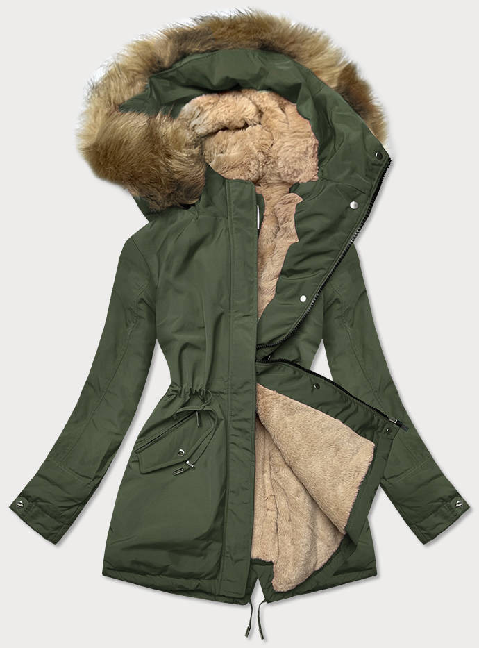 Khaki-béžová teplá dámská zimní bunda (W559) odcienie beżu XXL (44)