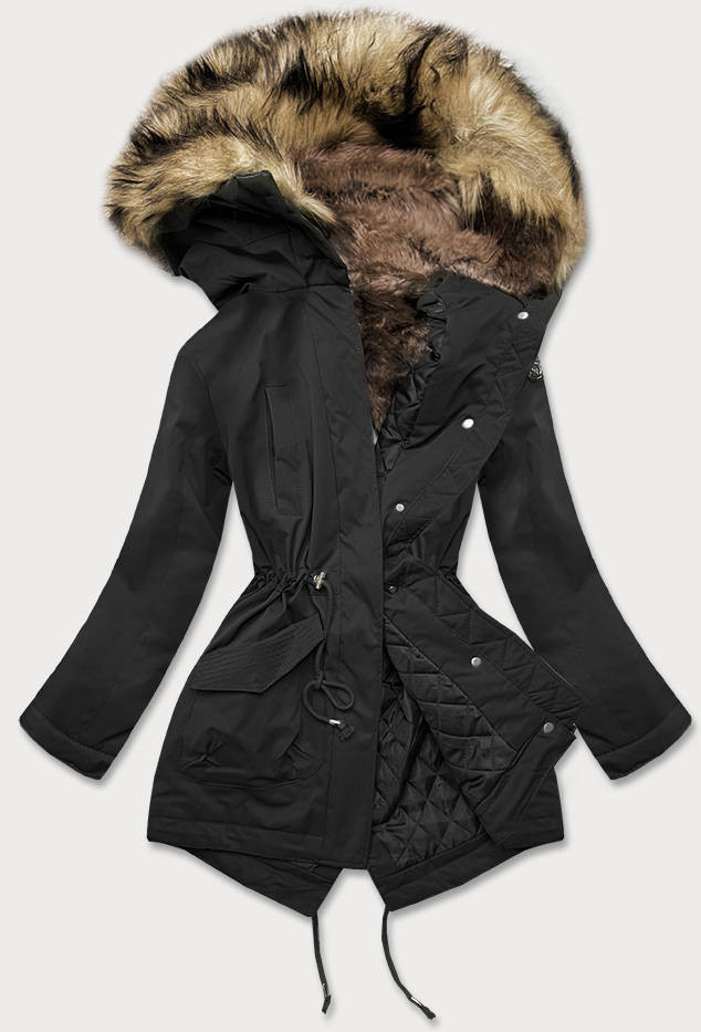 Černá dámská zimní prošívaná bunda s kožešinou (M-137) odcienie czerni XL (42)