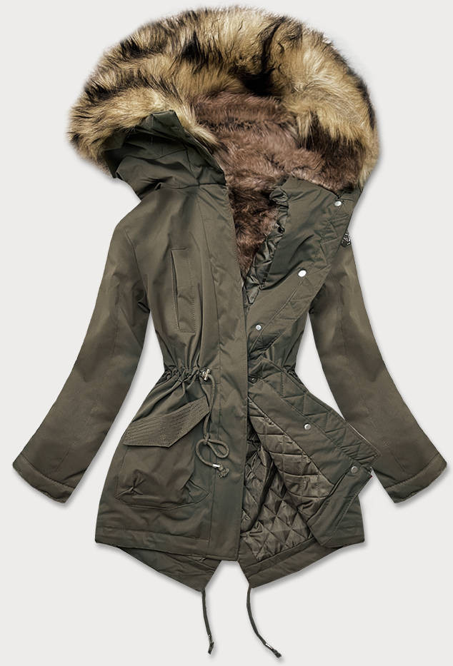 Prošívaná dámská zimní bunda v khaki barvě s kožešinou (M-137) odcienie zieleni XL (42)