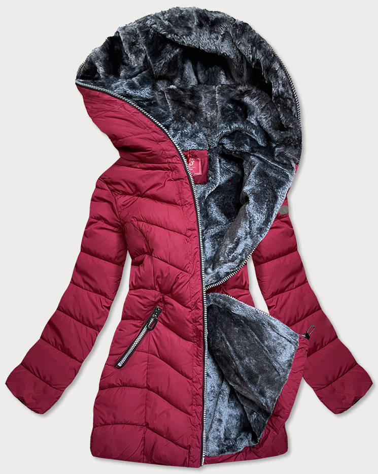 Červená zimní bunda s kapucí a kožešinovou podšívkou (M21007) odcienie czerwieni S (36)