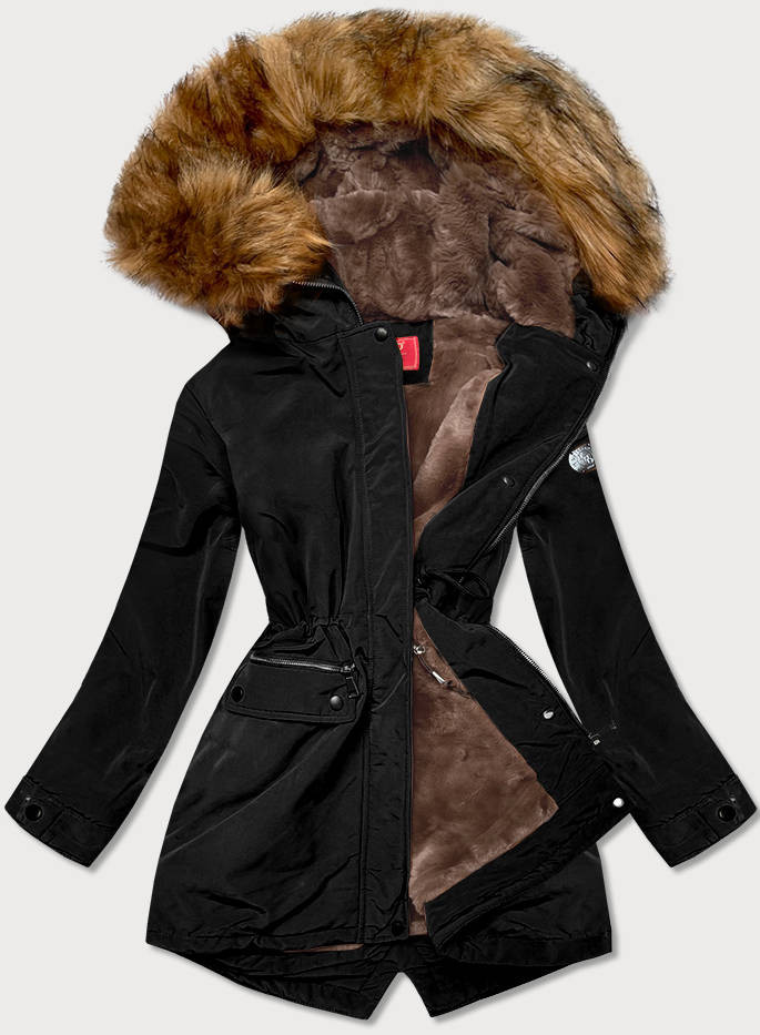 Černá dámská zimní bunda parka s kožešinovou podšívkou (M21312) odcienie czerni XXL (44)