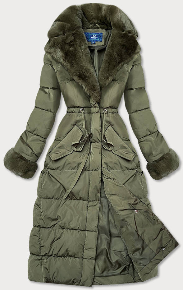 Dlouhá zimní bunda v khaki barvě s kožešinovým límcem (J9-071) odcienie zieleni XL (42)