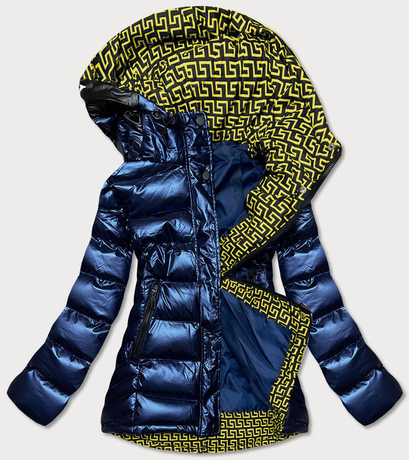 Tmavě modro/žlutá dámská prošívaná bunda s kapucí (XW817X) odcienie niebieskiego L (40)