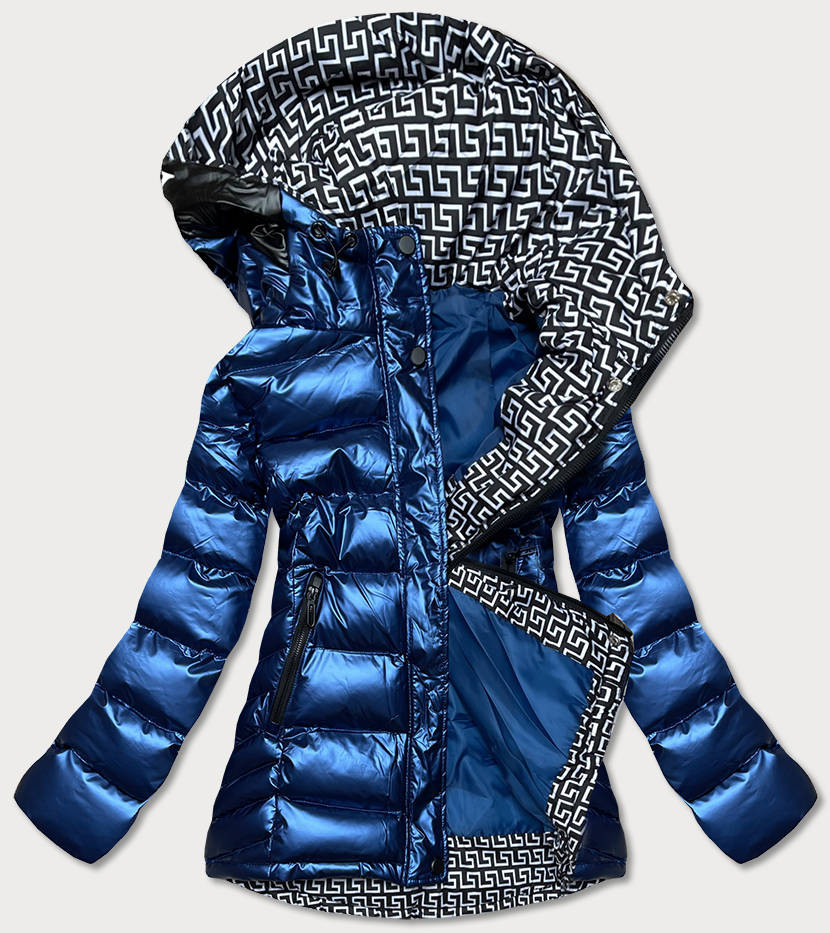 Tmavě modro/bílá dámská prošívaná bunda s kapucí (XW817X) odcienie niebieskiego XL (42)