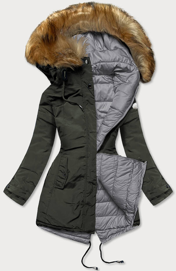 Oboustranná dámská zimní bunda v army-šedé barvě (M-21508) odcienie zieleni M (38)