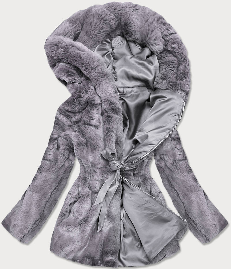 Dámská šedá bunda - kožíšek s kapucí (BR9743-9) odcienie szarości XL (42)