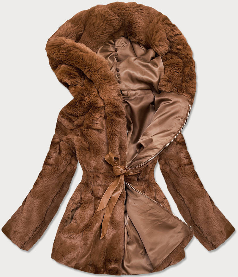 Hnědá dámská bunda - kožíšek s kapucí (BR9743-22) odcienie brązu XL (42)