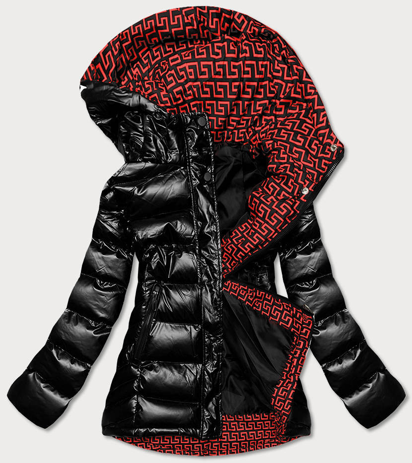 Černo/červená dámská prošívaná bunda s kapucí (XW817X) odcienie czerni L (40)