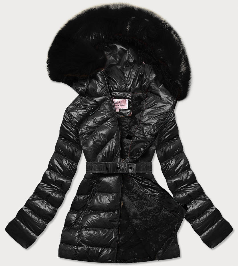 Lesklá černá zimní bunda s mechovitou kožešinou (W674) odcienie czerni XL (42)