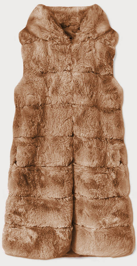 Světle hnědá dlouhá kožešinová vesta a kapucí (BR9745-12) odcienie brązu S (36)