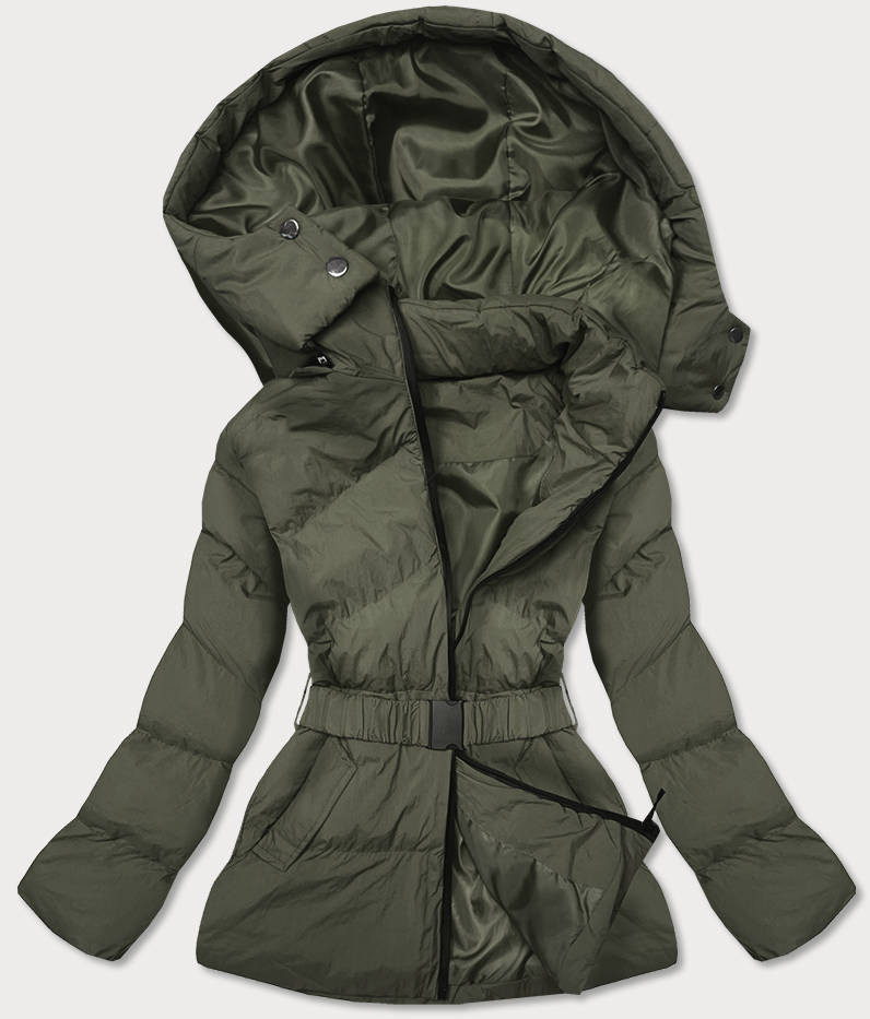 Prošívaná bunda v khaki barvě s opaskem pro přechodné období (23060-2) odcienie zieleni L (40)