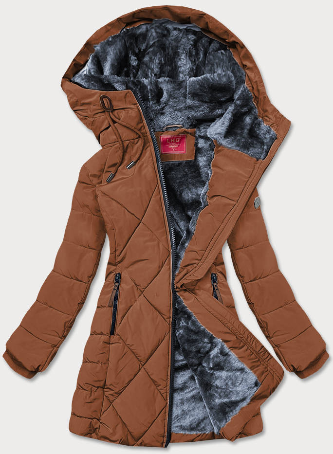 Dámská zimní bunda v karamelové barvě s kapucí (M-21003) odcienie brązu XXL (44)