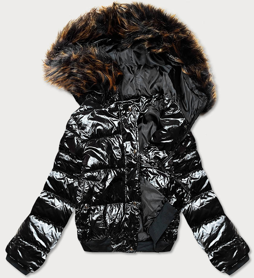 Černá lesklá dámská bunda s kapucí (739ART) odcienie czerni XL (42)