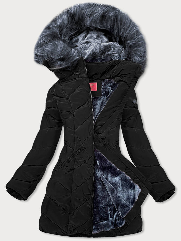 Černá zimní dámská bunda s kapucí (M-21308) odcienie czerni S (36)