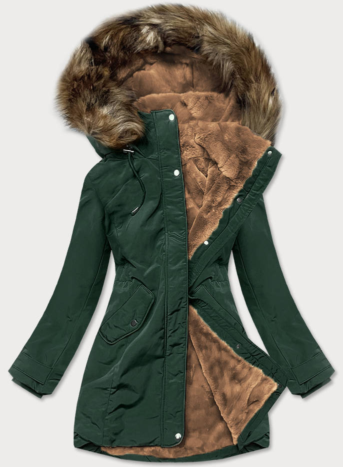 Tmavě zelená dámská zimní bunda parka s kožešinovou podšívkou (M-21501) odcienie zieleni XXL (44)