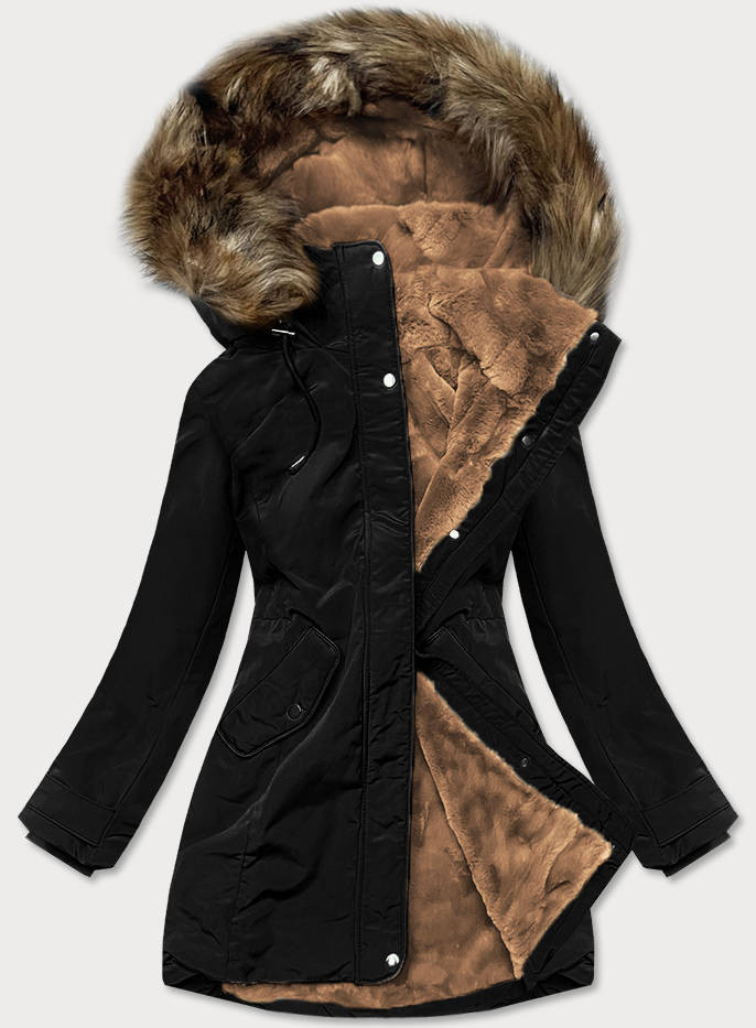 Černá dámská zimní bunda parka s kožešinovou podšívkou (M-21501) odcienie czerni XXL (44)
