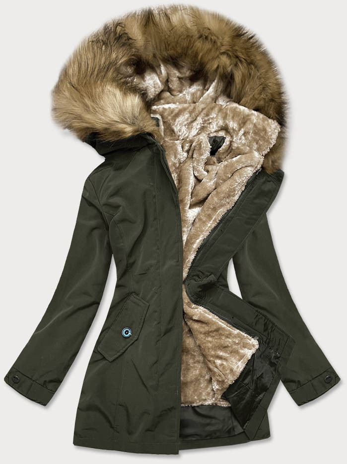 Dámská zimní bunda v army barvě s kožešinovou odepínací podšívkou (M-21005) odcienie zieleni XXL (44)
