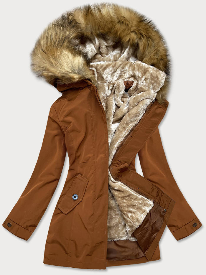 Dámská zimní bunda v karamelové barvě s odepínací kožešinovou podšívkou (M-21005) odcienie brązu M (38)
