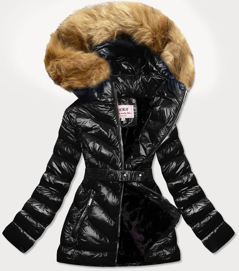 Černo-hnědá lesklá zimní bunda s mechovitou kožešinou (W673) odcienie czerni XL (42)