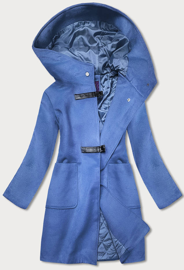 Světle modrý krátký dámský kabát s kapucí (GSQ2311) odcienie niebieskiego S (36)