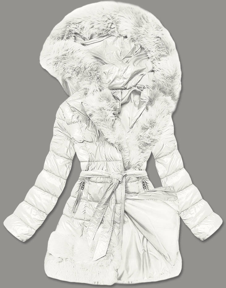 Prošívaná dámská zimní bunda v ecru barvě obšitá kožešinou (1209) odcienie bieli L (40)