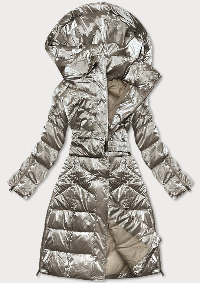 Dlouhá lesklá béžová dámská zimní bunda (775) odcienie beżu L (40)