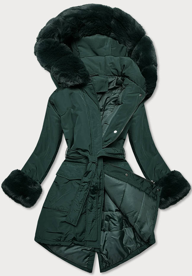 Tmavě zelená dámská zimní bunda s páskem (F7039-4) odcienie zieleni XXL (44)