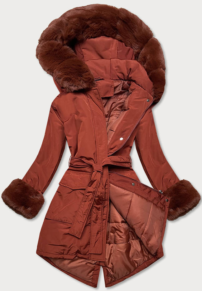 Dámská zimní bunda v cihlové barvě s páskem (F7039-5) odcienie czerwieni XXL (44)