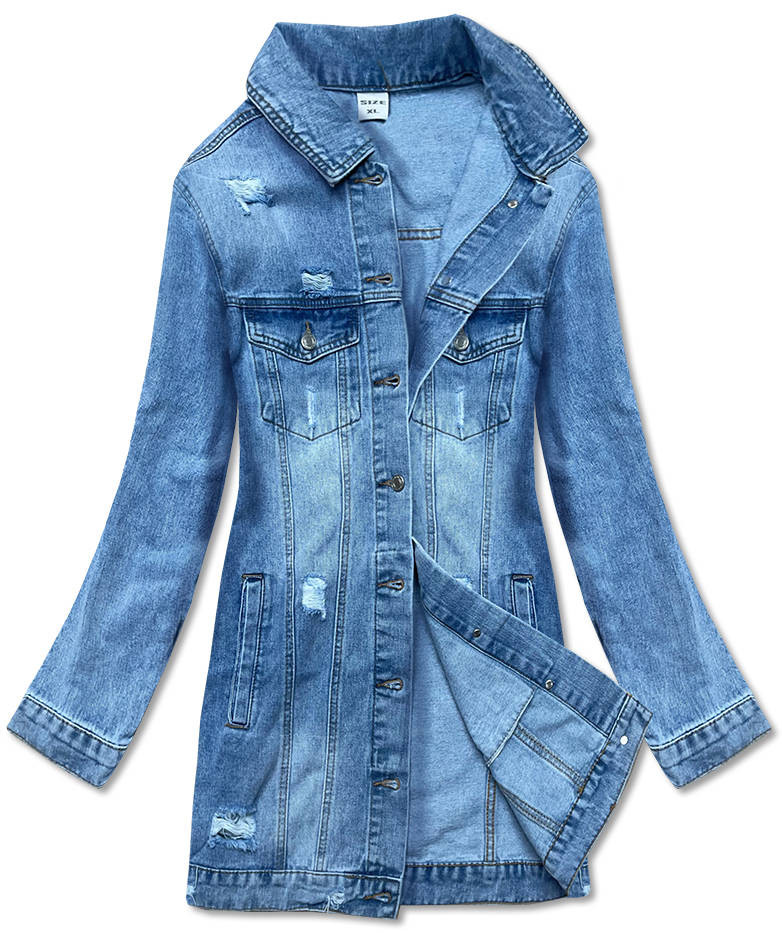 Světle modrá dlouhá džínová bunda (POP7021-LK) odcienie niebieskiego XL (42)