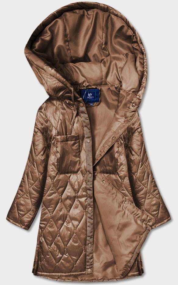 Hnědá prošívaná dámská oversize bunda s kapucí (AG5-010) odcienie brązu XL (42)