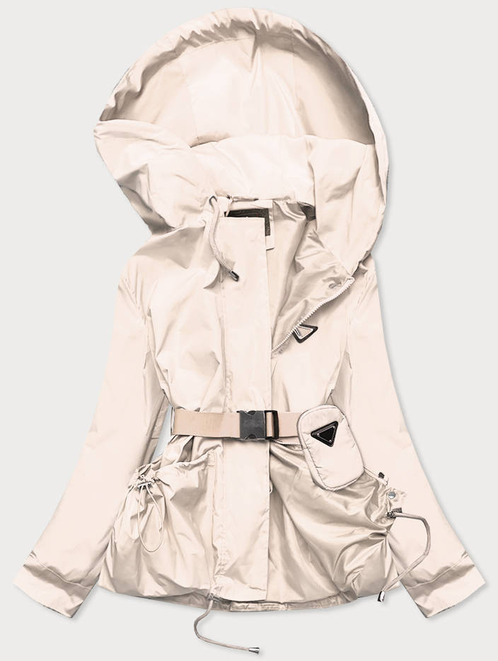 Krátká béžová dámská bunda s páskem (AG3-03) odcienie beżu M (38)