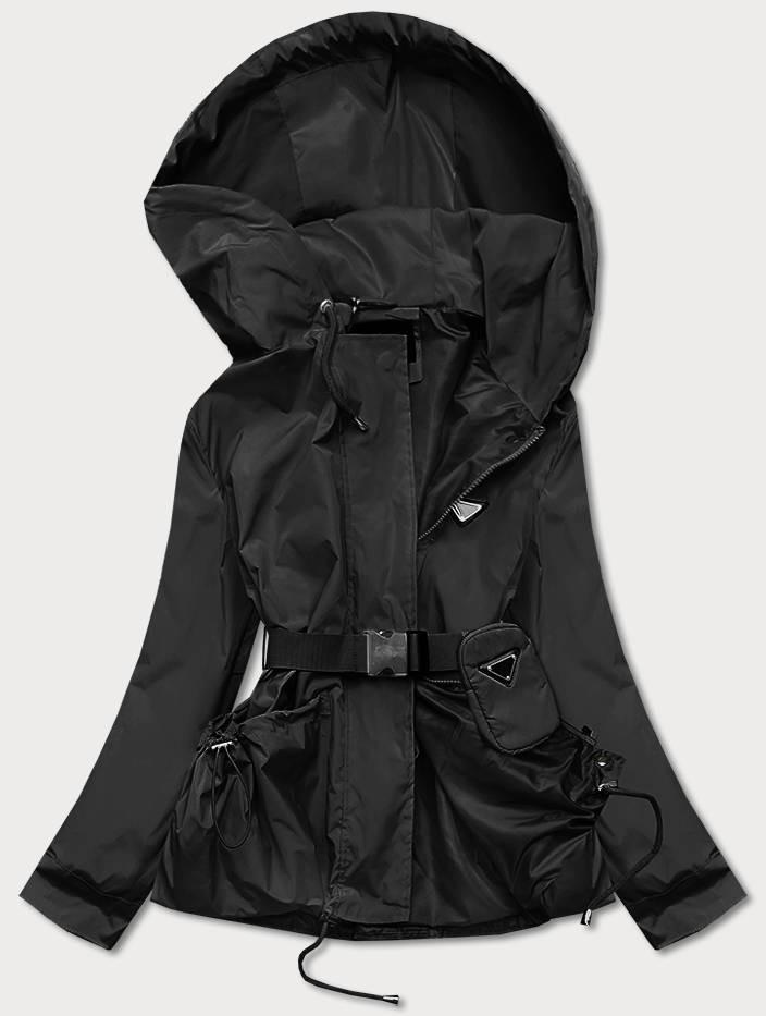 Krátká černá dámská bunda s páskem (AG3-03) odcienie czerni L (40)