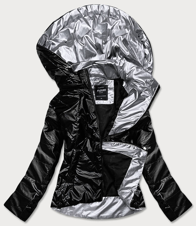 Černá dámská bunda se stříbrnou kapucí (RQW-7008) odcienie czerni L (40)