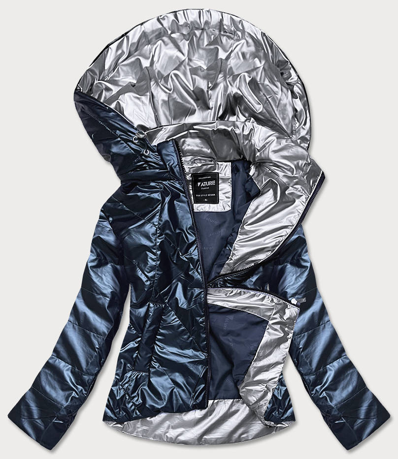 Šedomodrá dámská bunda se stříbrnou kapucí (RQW-7008) odcienie niebieskiego S (36)