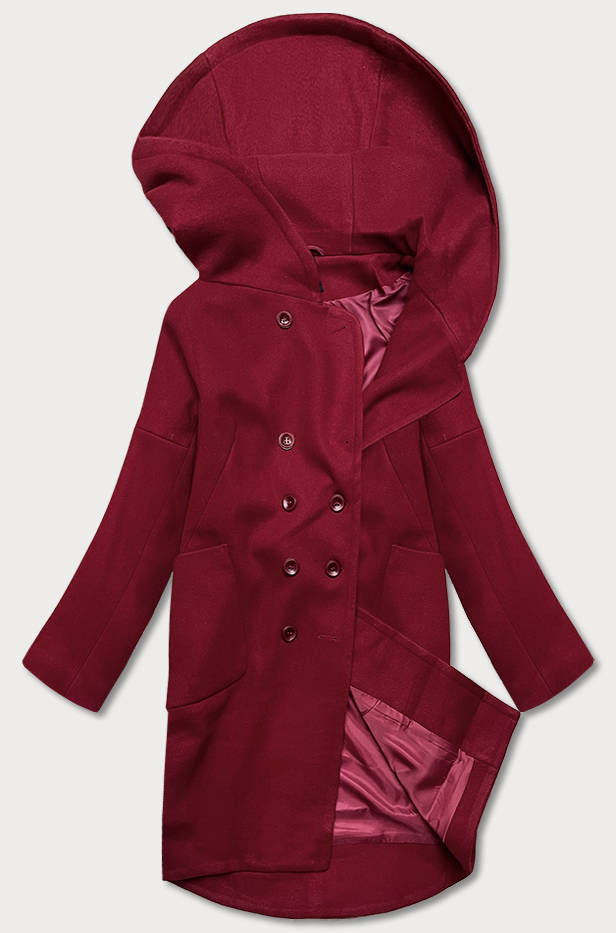 Dámský kabát plus size v bordó barvě s kapucí (2728) odcienie czerwieni 46