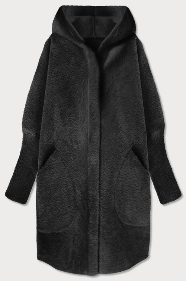 Dlouhý černý vlněný přehoz přes oblečení typu "alpaka" s kapucí (908) odcienie czerni ONE SIZE
