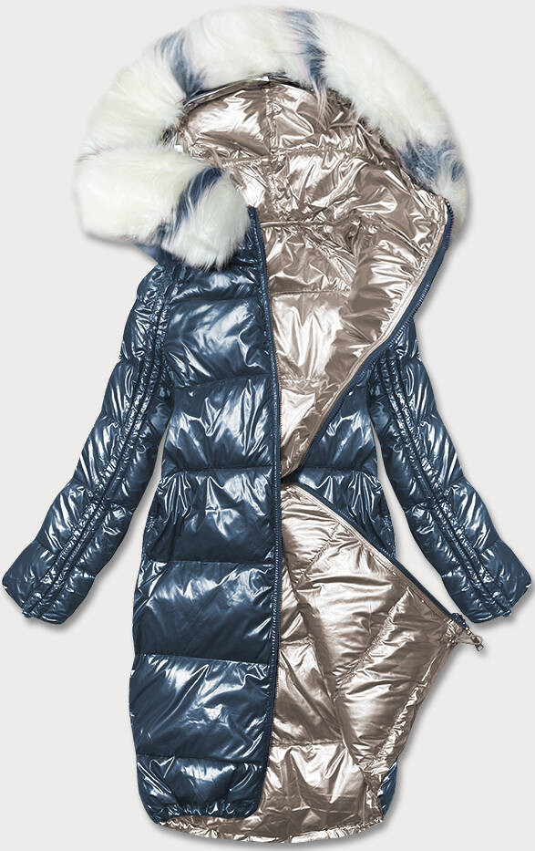 Tmavě modro-béžová oboustranná metalická zimní bunda (P21-7901-99+62) odcienie beżu S (36)