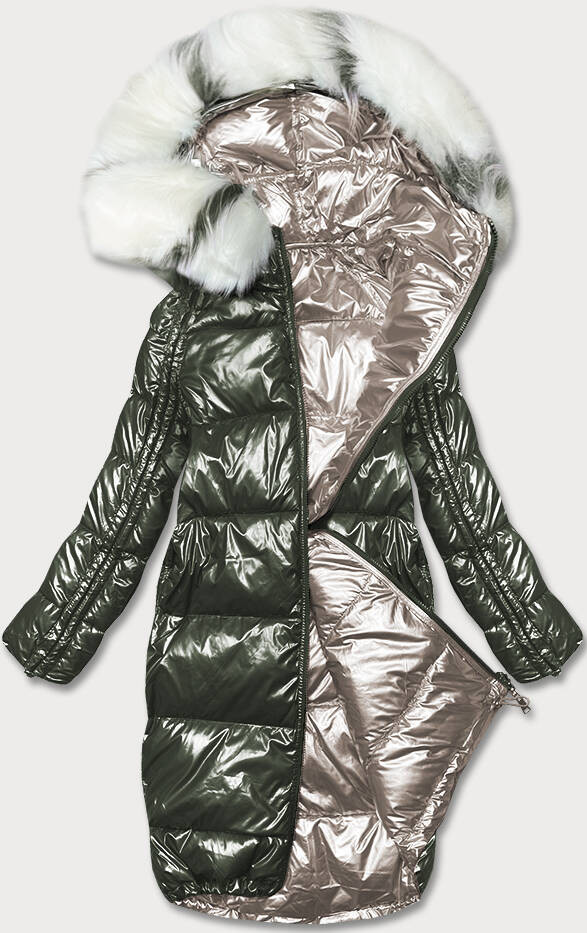 Khaki-béžová oboustranná metalická zimní bunda (P21-7901-22+62) odcienie beżu S (36)