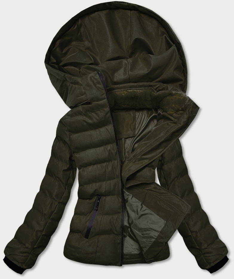 Dámská zimní bunda v army barvě s kožešinovým stojáčkem (5M769-136) odcienie zieleni L (40)