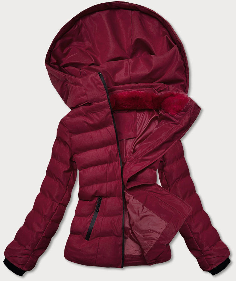 Dámská zimní bunda ve vínové bordó barvě s kožišinovým stojáčkem (5M769-06) odcienie czerwieni L (40)